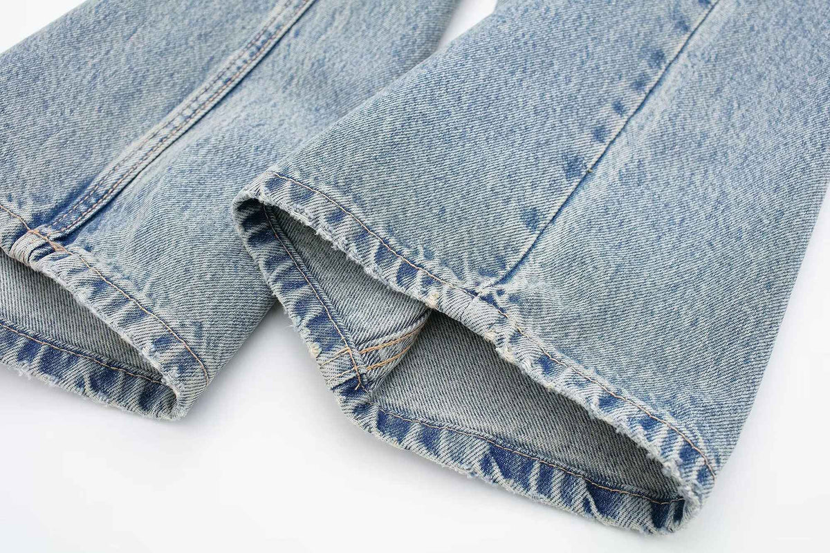 HH 2024 Women's Street Fashion Denim Blue Jeans Distressed Patchwork High Waist Zipper Fly Ripped Retro Long Pants