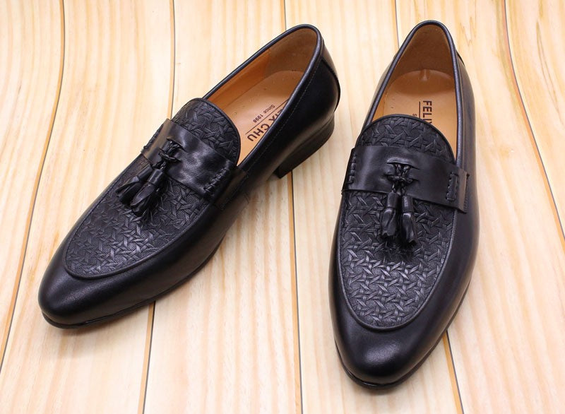 FELIX CHU Men's Genuine Leather Tassel Loafers Italian Luxury Fashion Slip-On Dress Shoes for Parties Weddings Casual Wear