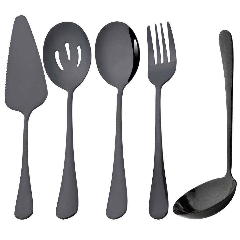 Drmfiy 5/7Pcs Black Cutlery Serving Utensils Dinnerware Set Buffet Catering Flatware Serving Colander Spoons Fork Silverware Set