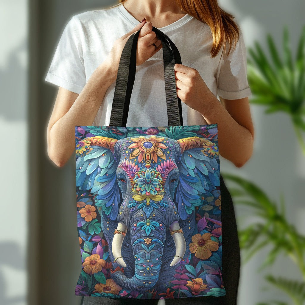Fashion Elements 1pc Flowers with Elephant Pattern Tote Bag, Perfect for Shopping Bag Animal Pattern Print Bag Storage Tote Bag