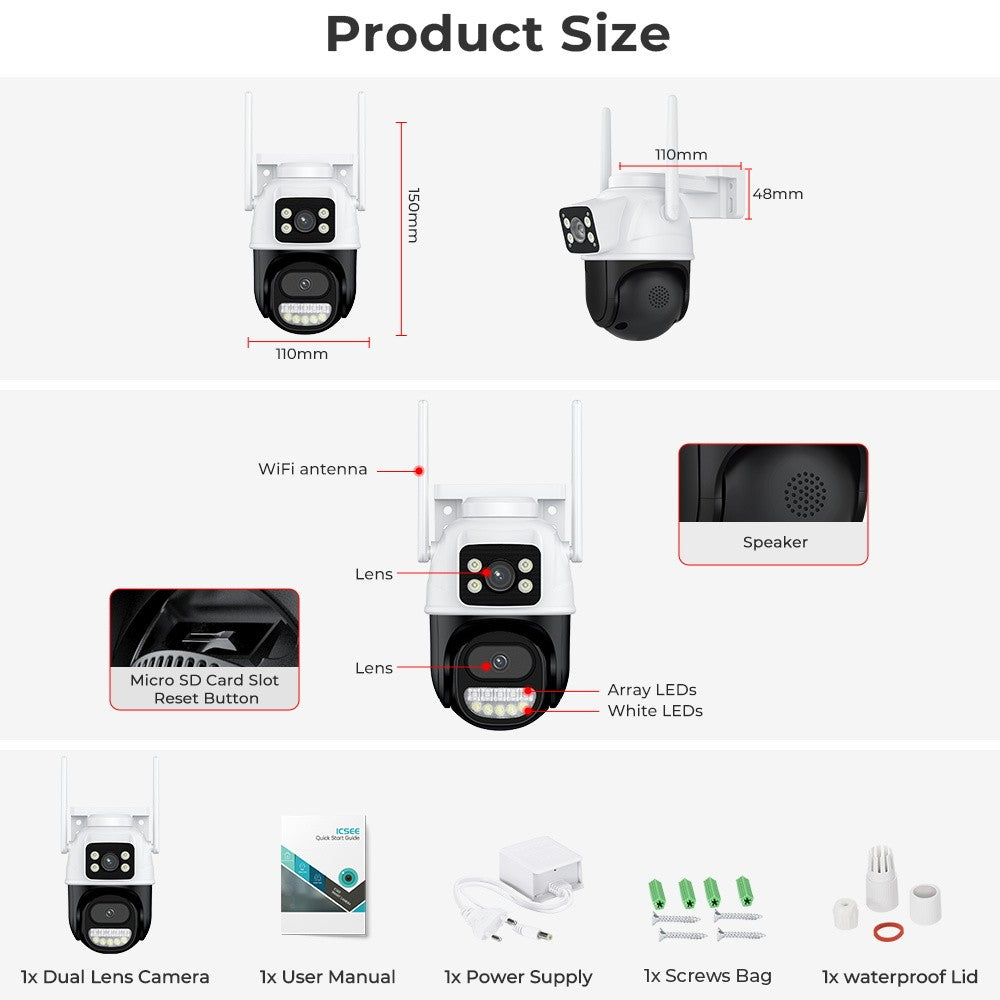 4K 8MP Wifi PTZ Camera Dual Lens Dual Screen Wireless Outdoor IP Camera Auto Tracking Security CCTV P2P Video Surveillance iCSee