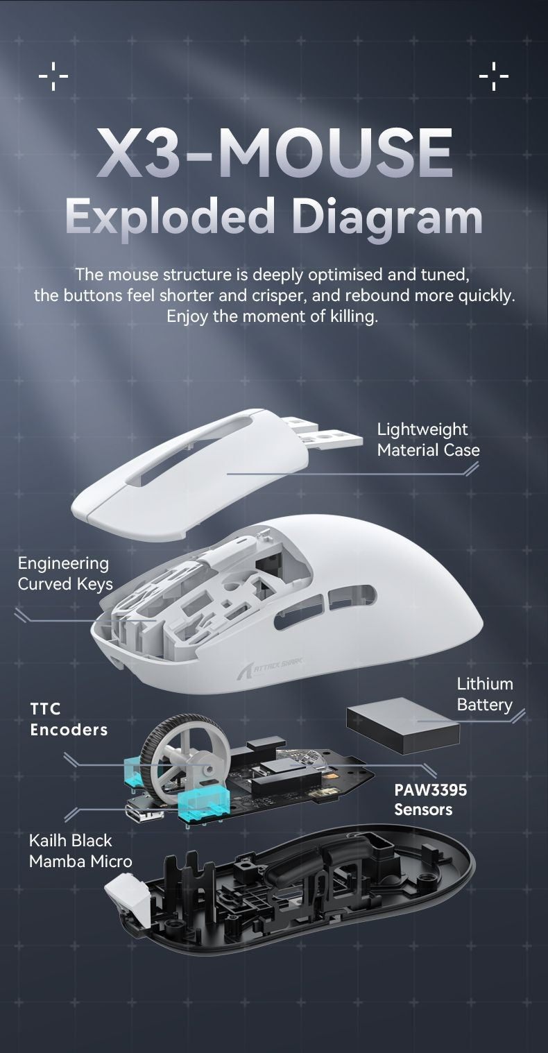 ATTACK SHARK X3 Lightweight Mouse Wireless Bluetooth Tri-Mode Connection,PAW3395,Macro Bluetooth Mouse for Gaming