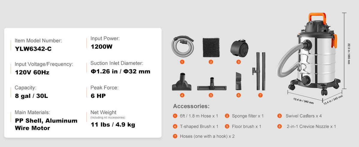 SucceBuy Stainless Steel Wet Dry Shop Vacuum Wet Dry Vac Powerful Suction Small Shop Vac Perfect for Carpet Debris Pet Hair