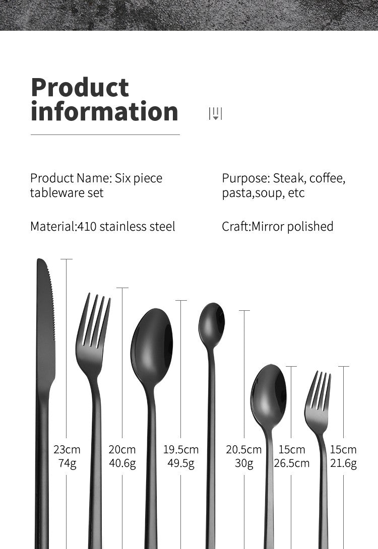 Western Tableware Black Dinnerware Set 6 Pieces Cutlery Set Stainless Steel Knife Fork IceTea Spoon Party Classic Silverware Set