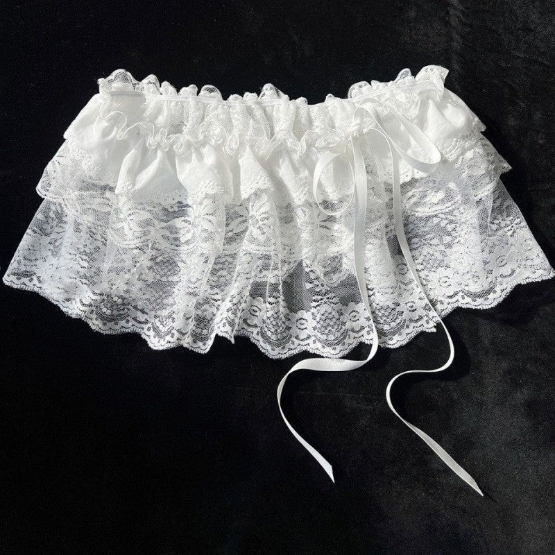 Korean Ins Unique Lace Layered Gauze Skirts Lace Trim A-Line Short Cloth Mini Waist Skirts Harajuku Girl's White Skirts Y2K