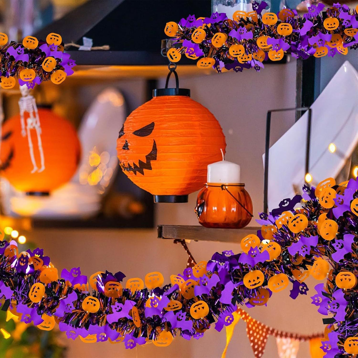 Halloween Tinsel Garland 2M Purple Tinsel Garland with Pumpkin Bat, Halloween Decoration for Indoor Outdoor Garden Party Porch
