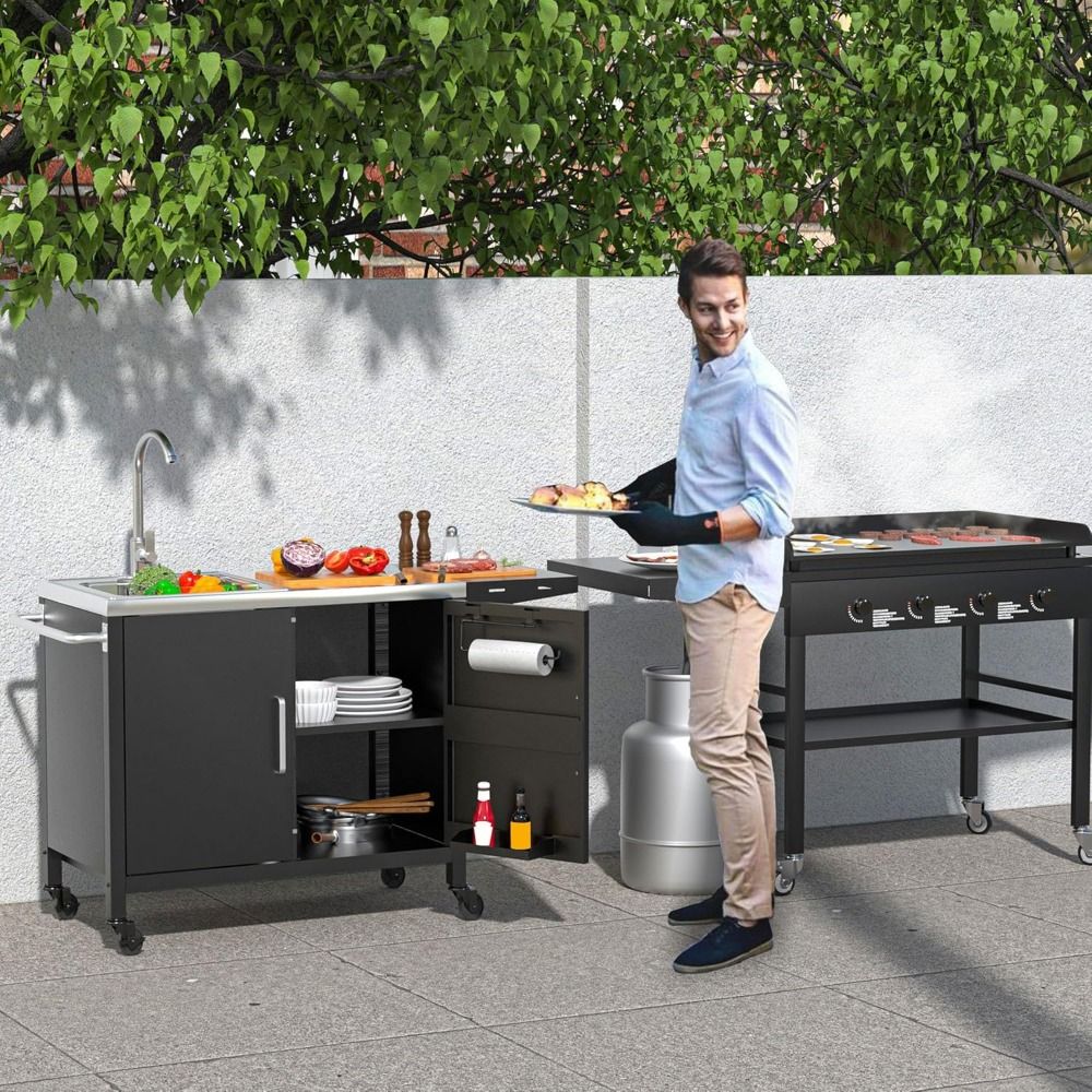 outdoor grill table with sink,metal grill cart, outdoor kitchen island with stainless steel sink,l57*w21.65