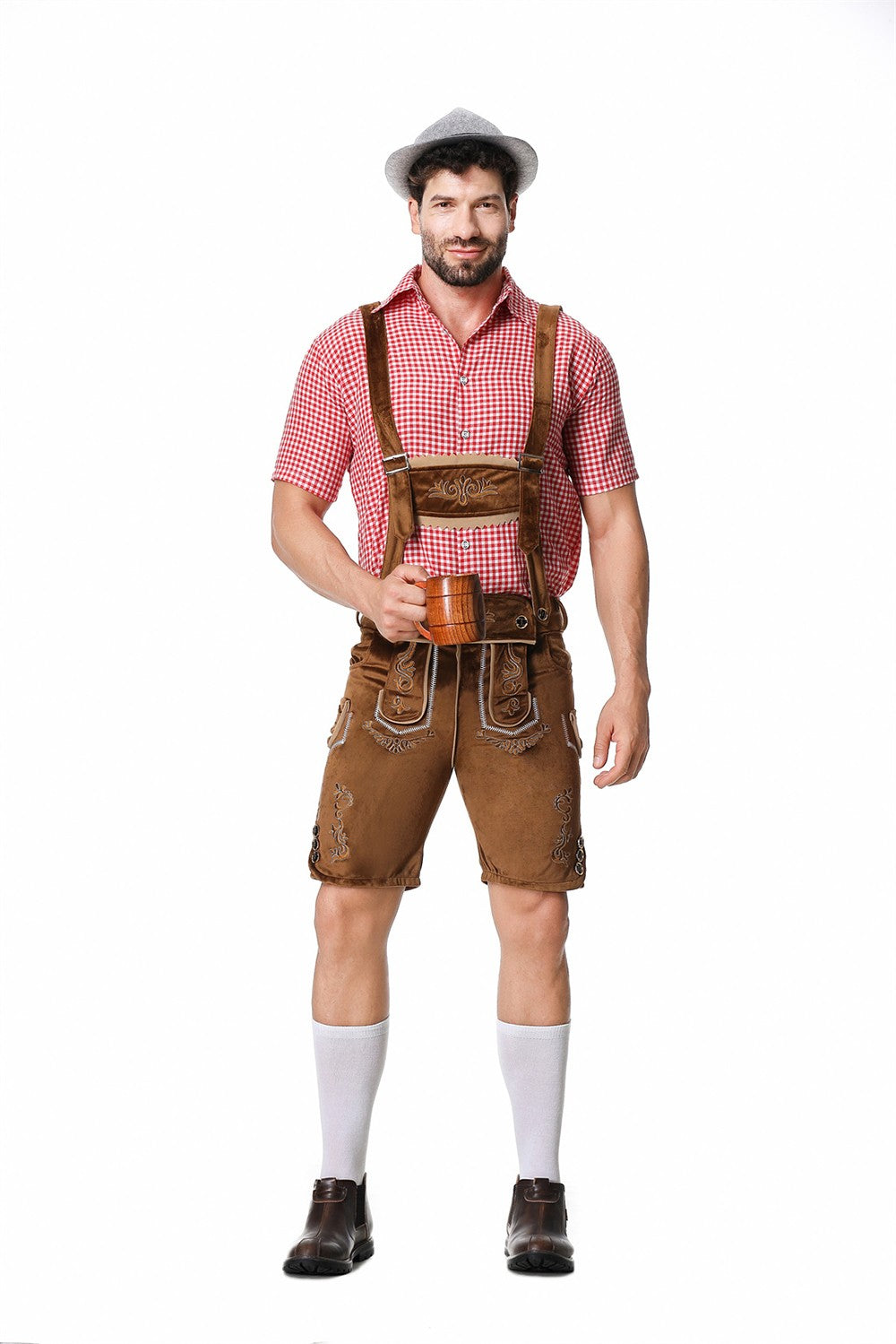 Male Oktoberfest Lederhosen Costume Bavarian Octoberfest German Beer Costume Shirt Suspender Shorts Hat Cosplay Costumes