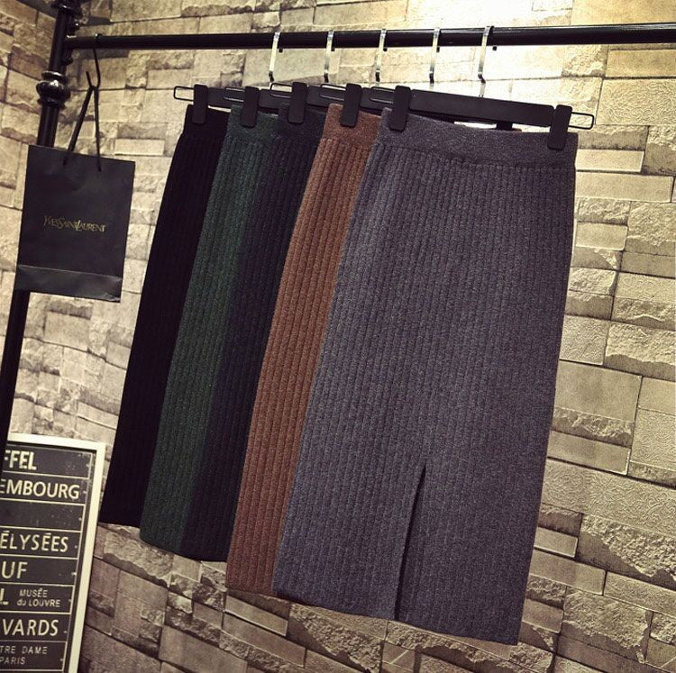 Bodycon Vintage Knit Long Skirt Womens Pencil Fall Winter Skirts Black Streetwear High Waist Harajuku Clothes Wrap Skirt