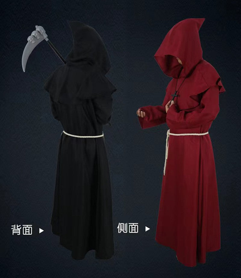 Halloween Wizard Cosplay Medieval Monk Hooded Robe Costume Mask Hat For Men Steampunk Priest Horror Masquerade Unisex Cloak Cape