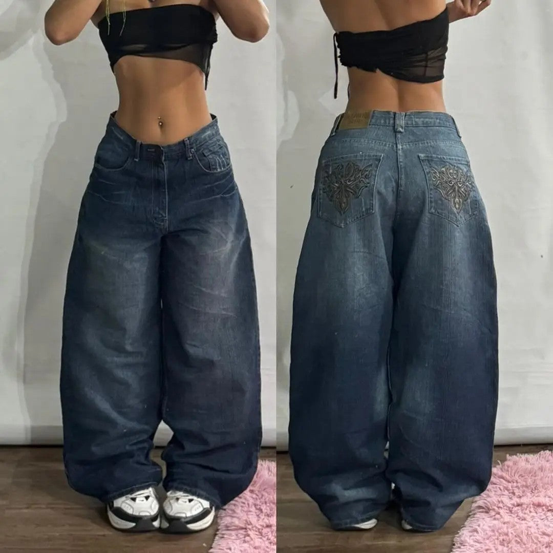 Y2K Hip-hop Stitching Fashion Joker Retro Jeans Female Korean Casual Simple Dress Essential Wide-leg Pants Loose Joker Overalls