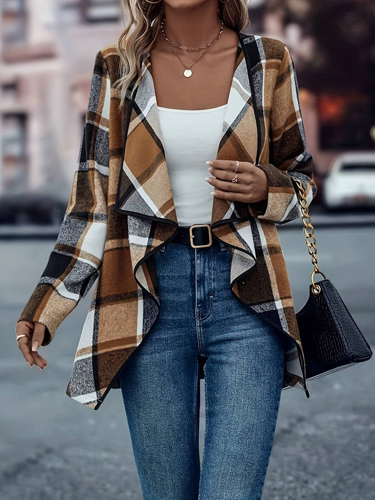 Women Plus Size Woven Open Front Long Sleeve Checkered Pattern Casual Jacket Classic Plaid Outerwear for Spring Autumn