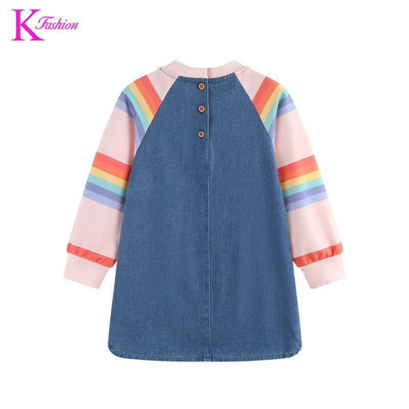 New Girls' Dress Round Neck Children's Princess Dress Denim Fabric Toddler Kids Clothing 4-8Y