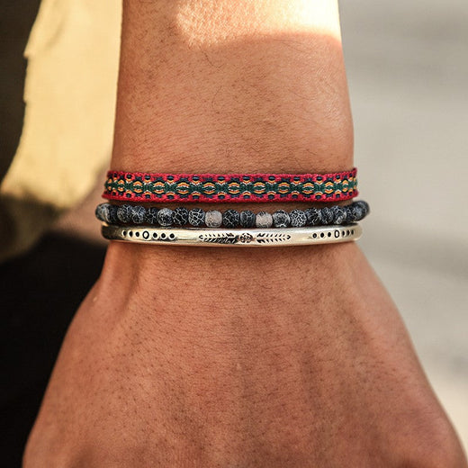 Tibetan Buddha Rope Chain Blue Natural Stone Weathered Beaded For Men 3Pcs/ Set Silver Plated Adjustable Bracelet Jewelry Gift