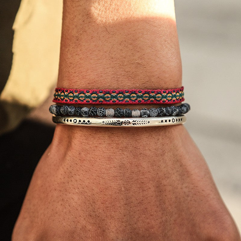 Tibetan Buddha Rope Chain Blue Natural Stone Weathered Beaded For Men 3Pcs/ Set Silver Plated Adjustable Bracelet Jewelry Gift