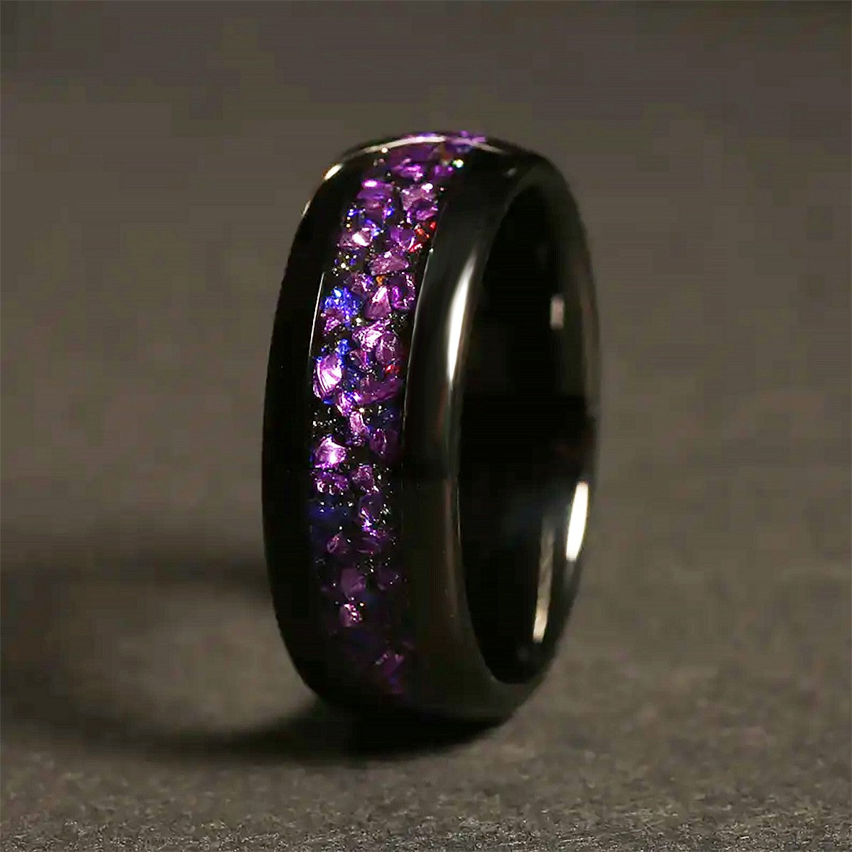 Mens Tungsten Carbide Ring Amethyst Inlay Black Wedding Band Engagement Promise Jewelry Gift 8MM Width Durable For Men DailyWear