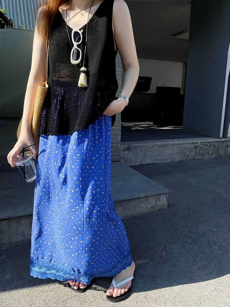 Ezgaga Skirts Women Elegant Floral Printed Lace Patchwork 2025 Summer Fashion Vintage Sweet Ladies Long Skirt Casual Chic