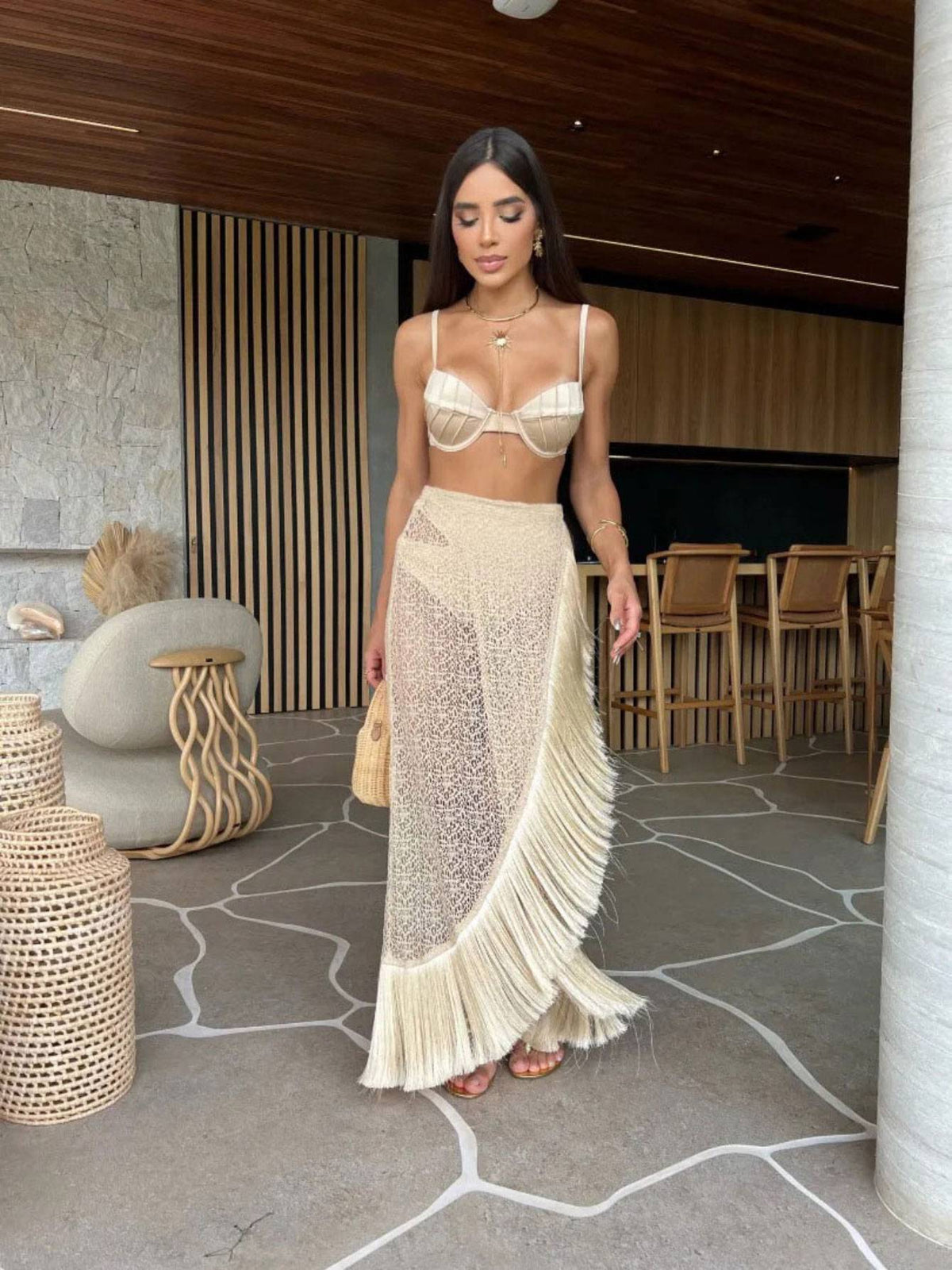 Swimsuit 3 Pcs Set with Tassel Skirt Bikini Women Swimsuit Button High Waist Swimwear Bathing Suit Beachwear Biquini
