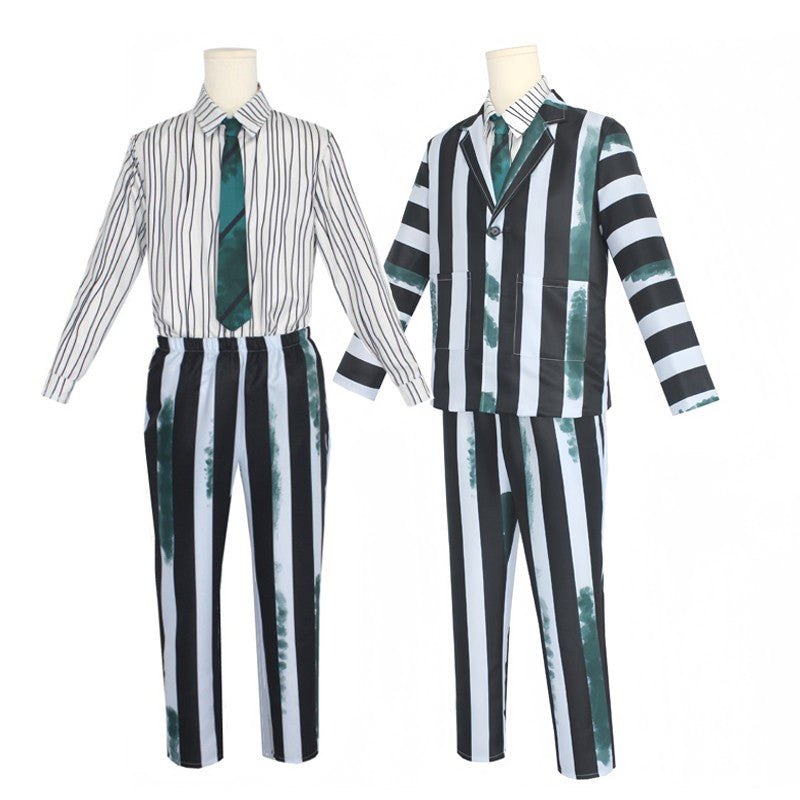 Adult Men Costume Black and White Striped Suit with Wig for Halloween Cosplay Party Outfit Horror Movie Character