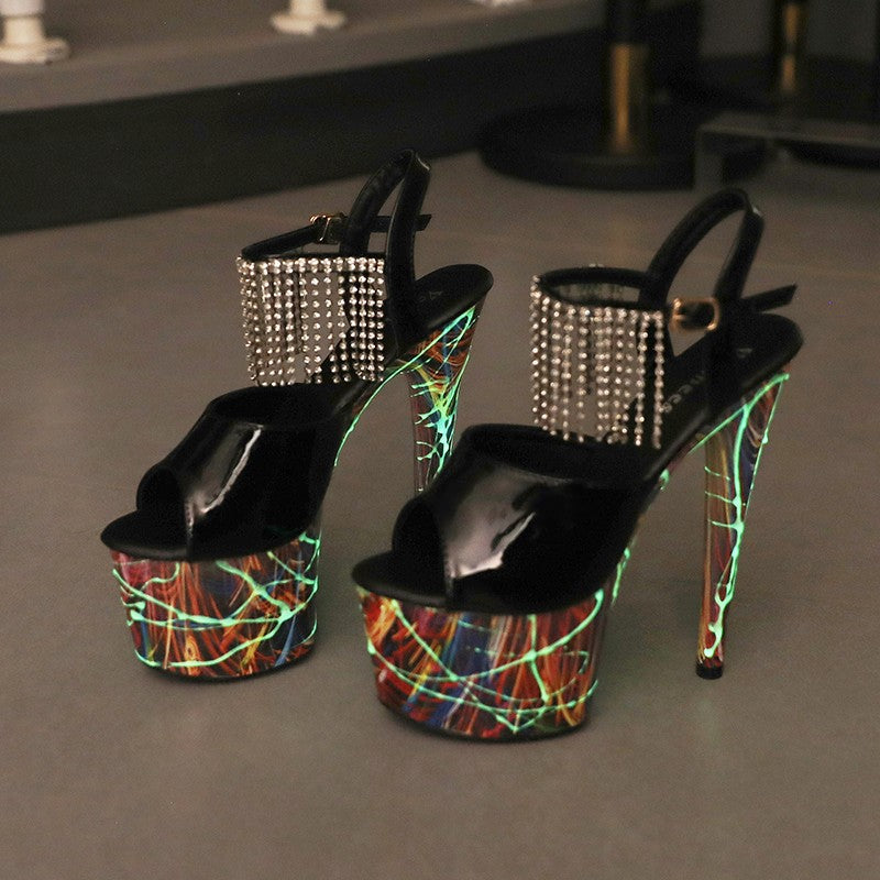 17CM Summer Shoes Women luxury Sandals Platform Ladies Shoes Stripper Womens High Heels Geometric Fluorescent Night light Heels