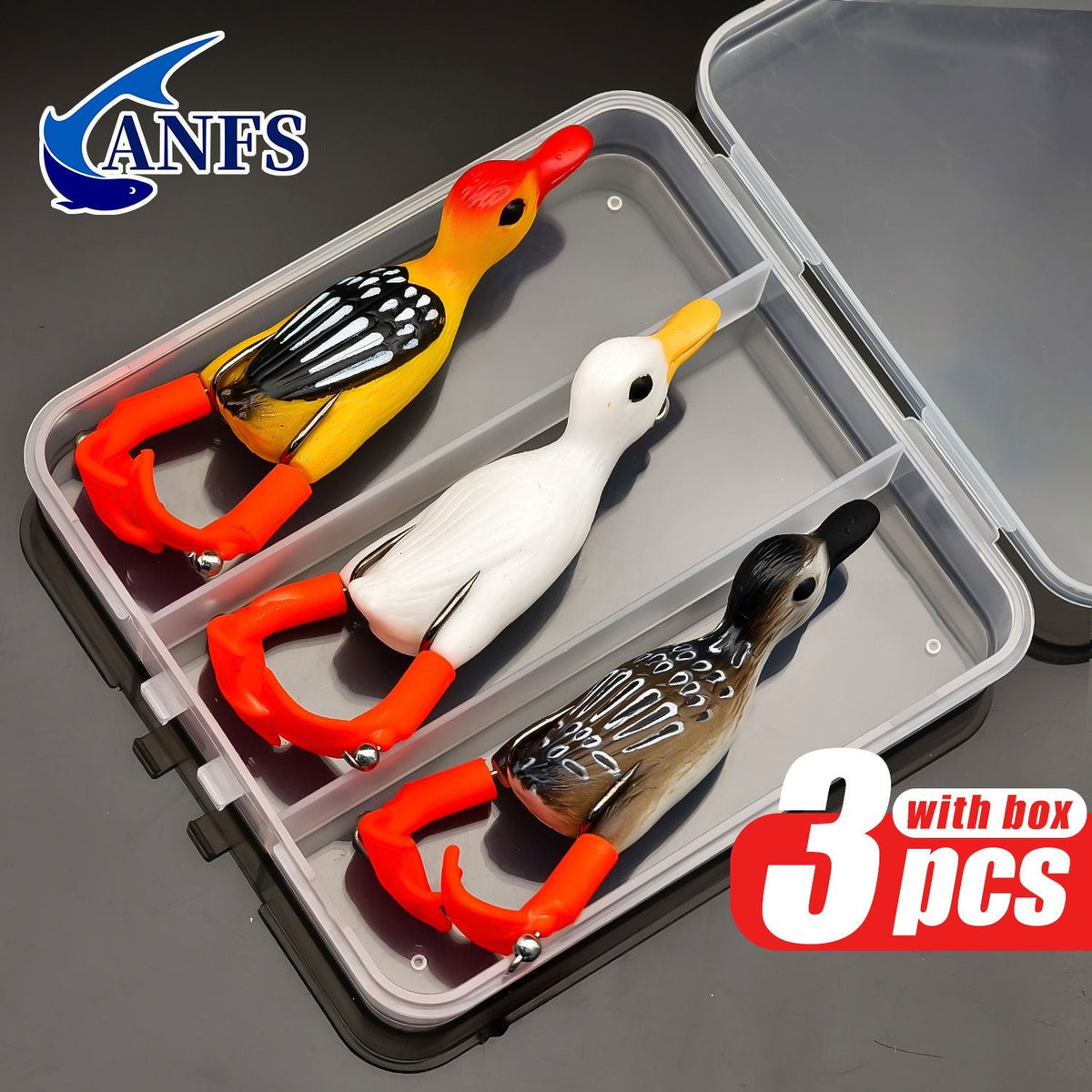 ANFS 3pcs Premium Frog- Duck Shaped Fishing Baits with Storage Box -Soft Lure For Topwater Freshwater Fishing