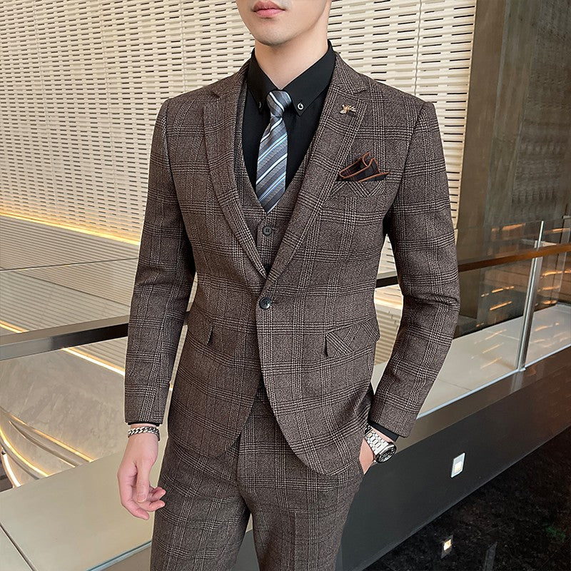 Dark Blue Men's Suit Three Piece, Business Casual Jacket and Vest with Trousers, Gray Dark Brown Slim Fit Sets, Asian Size