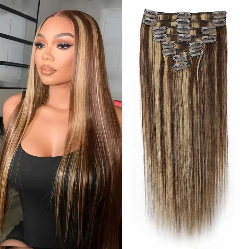 Highlight Straight Clip Ins Human Hair P4/27 100% Unprocessed Real Hair Clips In Hair Thicker Ombre Raw Hair Extensions 8 Pcs