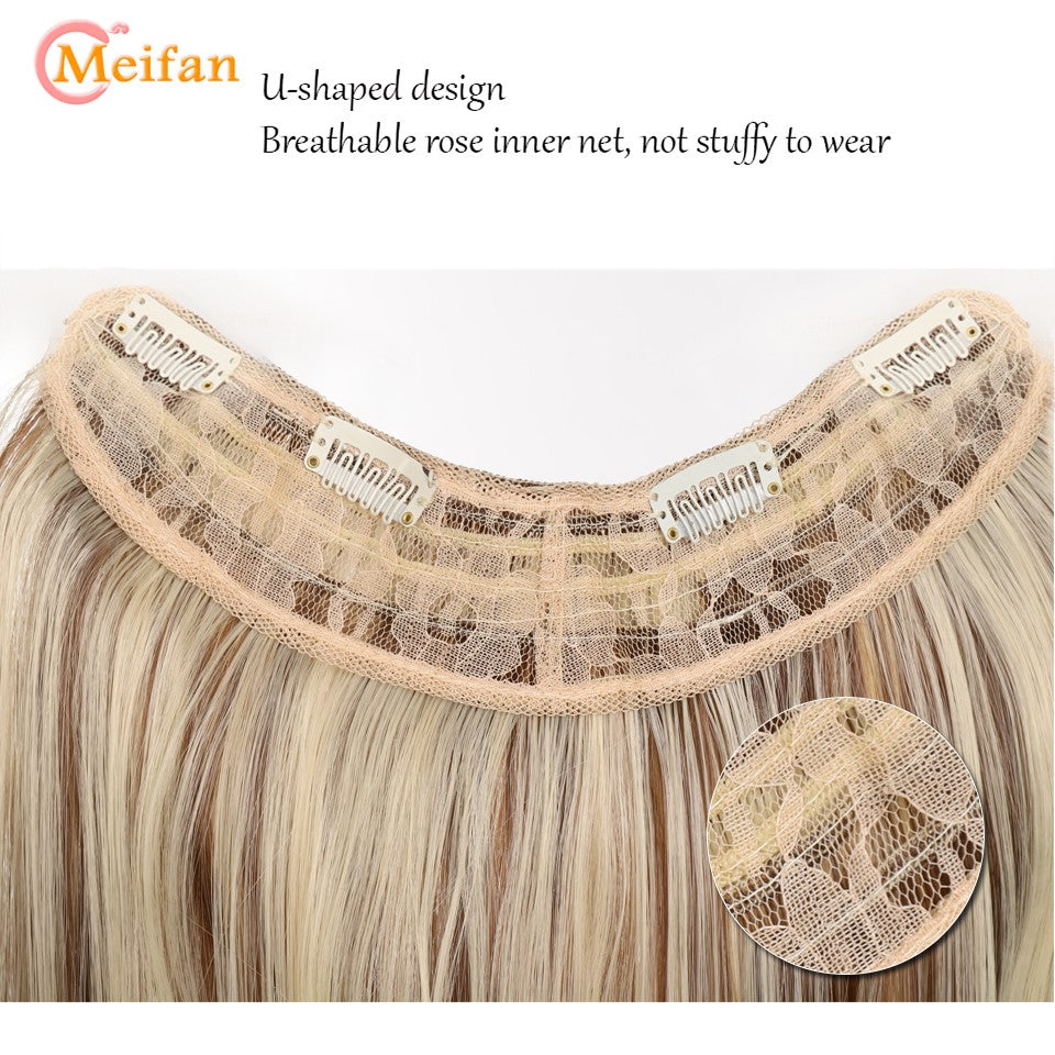 MEIFAN Synthetic Long Straight U-Shaped Half Head Wig for Women Black Brown Clips in Hair Extension Natural Fake Hairpieces