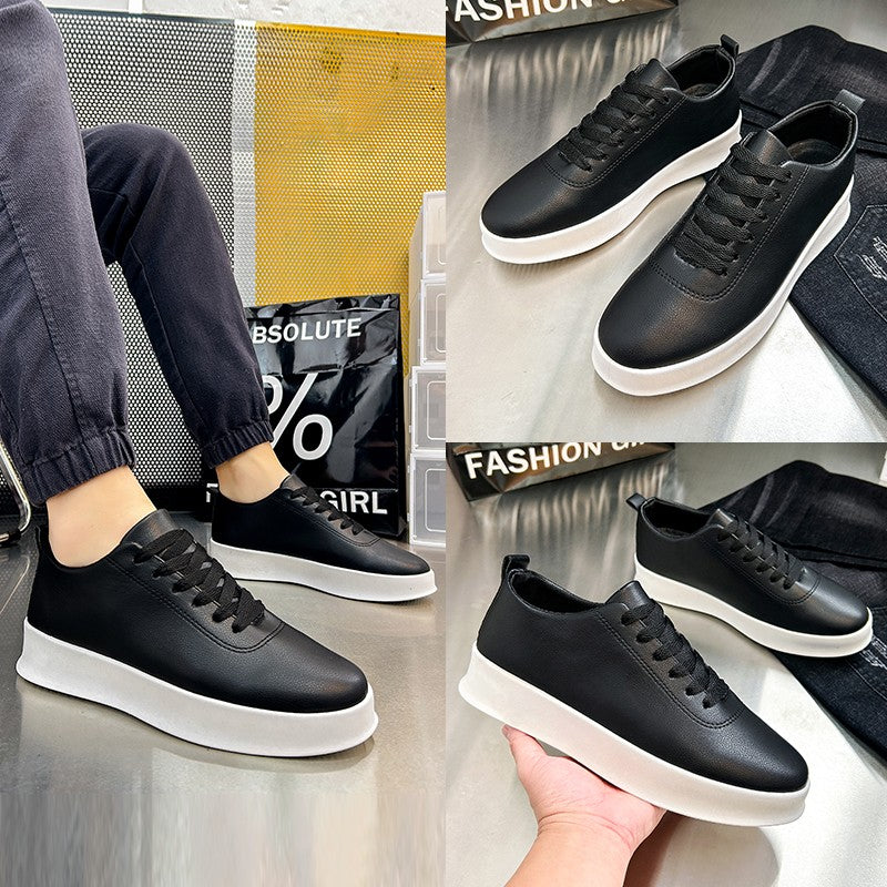 Fashion Thick Sole Black White Soft Men Leather Shoes Platform Men Casual Board Shoes Walking Sport Shoes Lightweight Work Shoes