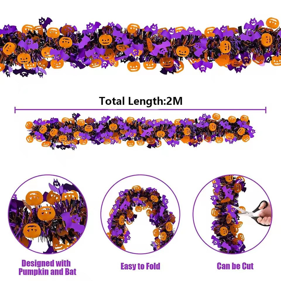 Halloween Tinsel Garland 2M Purple Tinsel Garland with Pumpkin Bat, Halloween Decoration for Indoor Outdoor Garden Party Porch