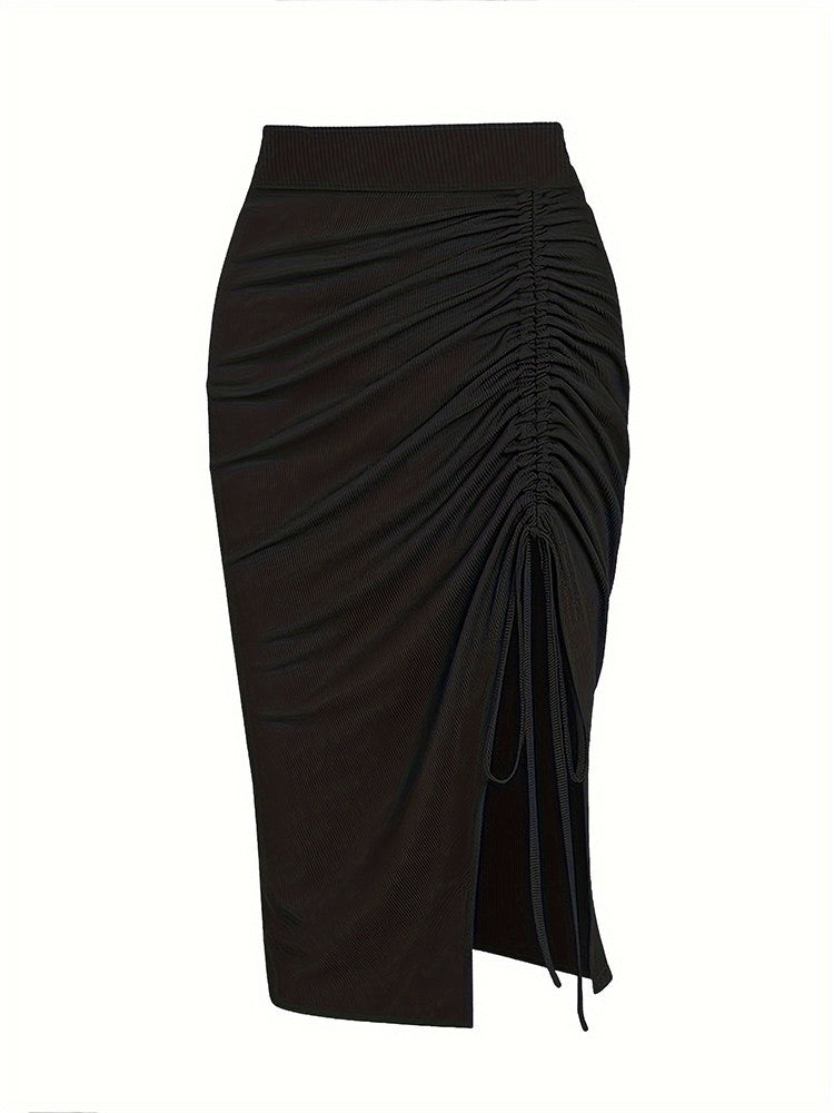Plus Size 2024 Spring/Summer New Solid Ruched Drawstring Split Skirt, Casual Bodycon Stretchy Skirt For Spring & Summer, Women