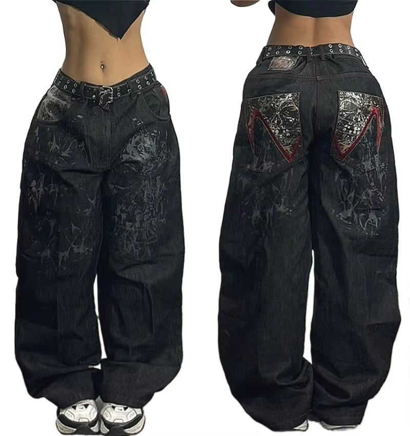 Y2K Hip-hop Stitching Fashion Joker Retro Jeans Female Korean Casual Simple Dress Essential Wide-leg Pants Loose Joker Overalls