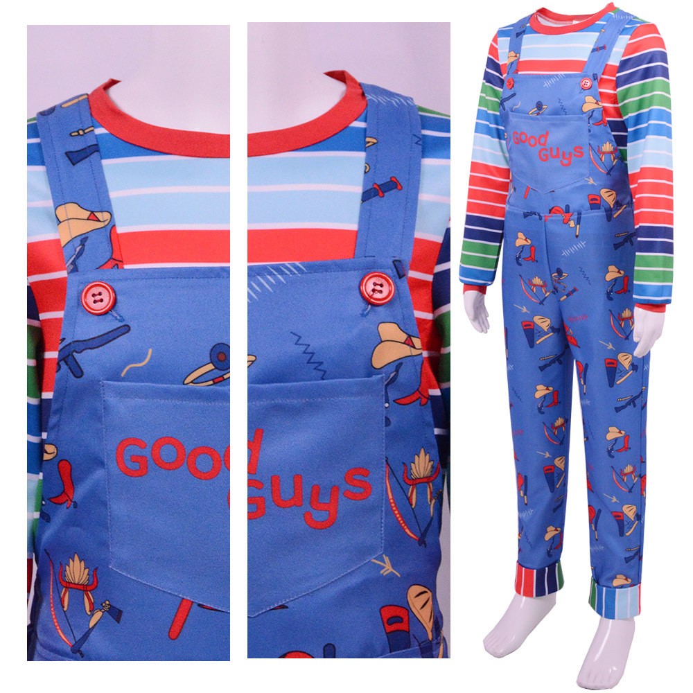 Movie Horror Chucky Adult Chucky Cosplay Costume with Striped Shirt and Jumpsuit for Chucky Overalls Halloween Costumes