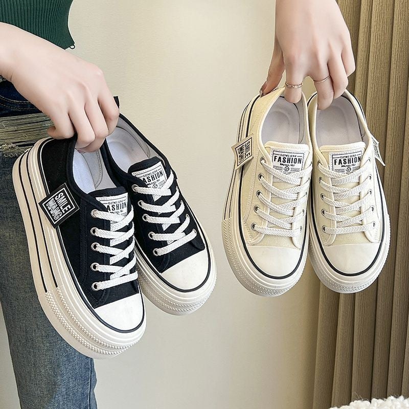 2024 New Women's Black Platform Canvas Sneakers Lace-up Comfortable Shoes Fashion Outdoor Multi-functional Sports Canvas Shoes