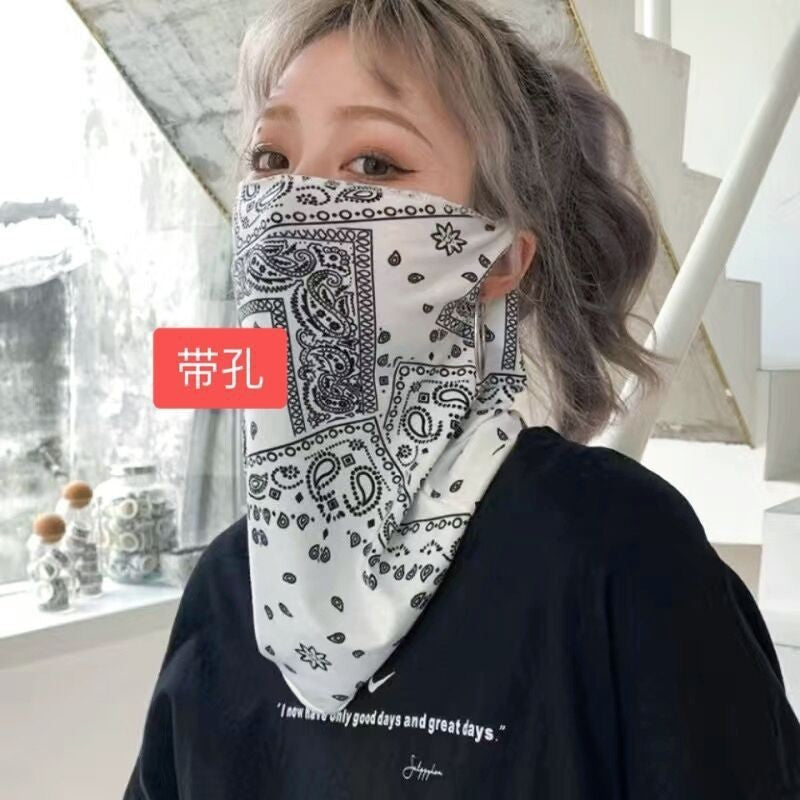2025 Ear Hanging Sunscreen Mask for Men, Full Face Cashew Sunscreen with Perforated Neck Protection, Riding Face Towel for Moto