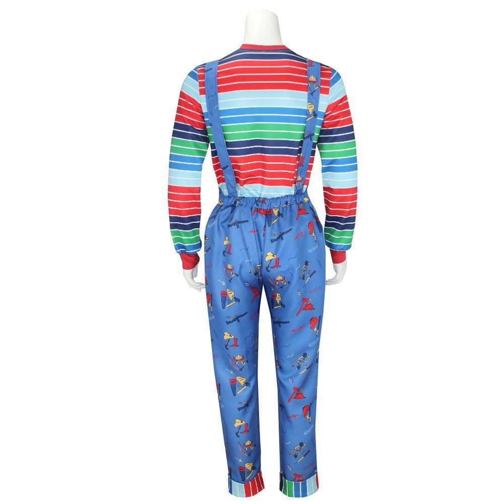 Movie Horror Chucky Adult Chucky Cosplay Costume with Striped Shirt and Jumpsuit for Chucky Overalls Halloween Costumes