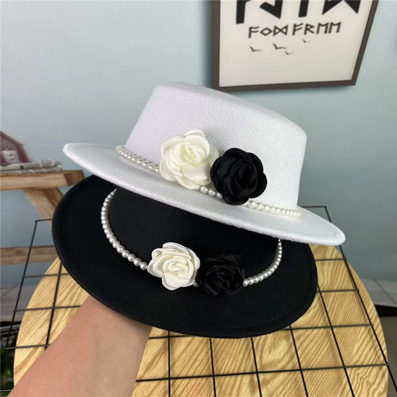 Women's Floral Chain Fedora High Fashion with Pearl Pins Bump Cap Black White Autumen Winter Ladies Fedoras Wide Brim Girl Hat