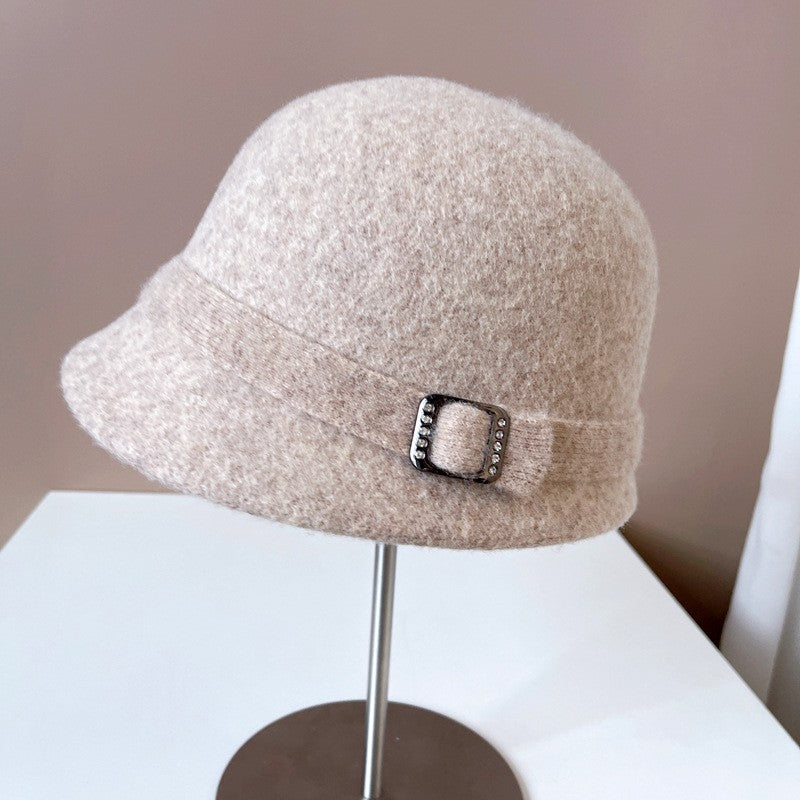 Japanese Wool Hat Women's Autumn and Winter Warm Knitted Hat Diamond Buckle Ribbon Fisherman Hat Front and Back Small Basin Hat