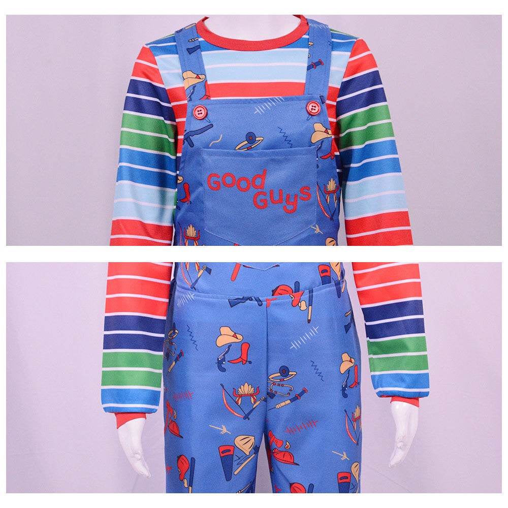 Movie Horror Chucky Adult Chucky Cosplay Costume with Striped Shirt and Jumpsuit for Chucky Overalls Halloween Costumes