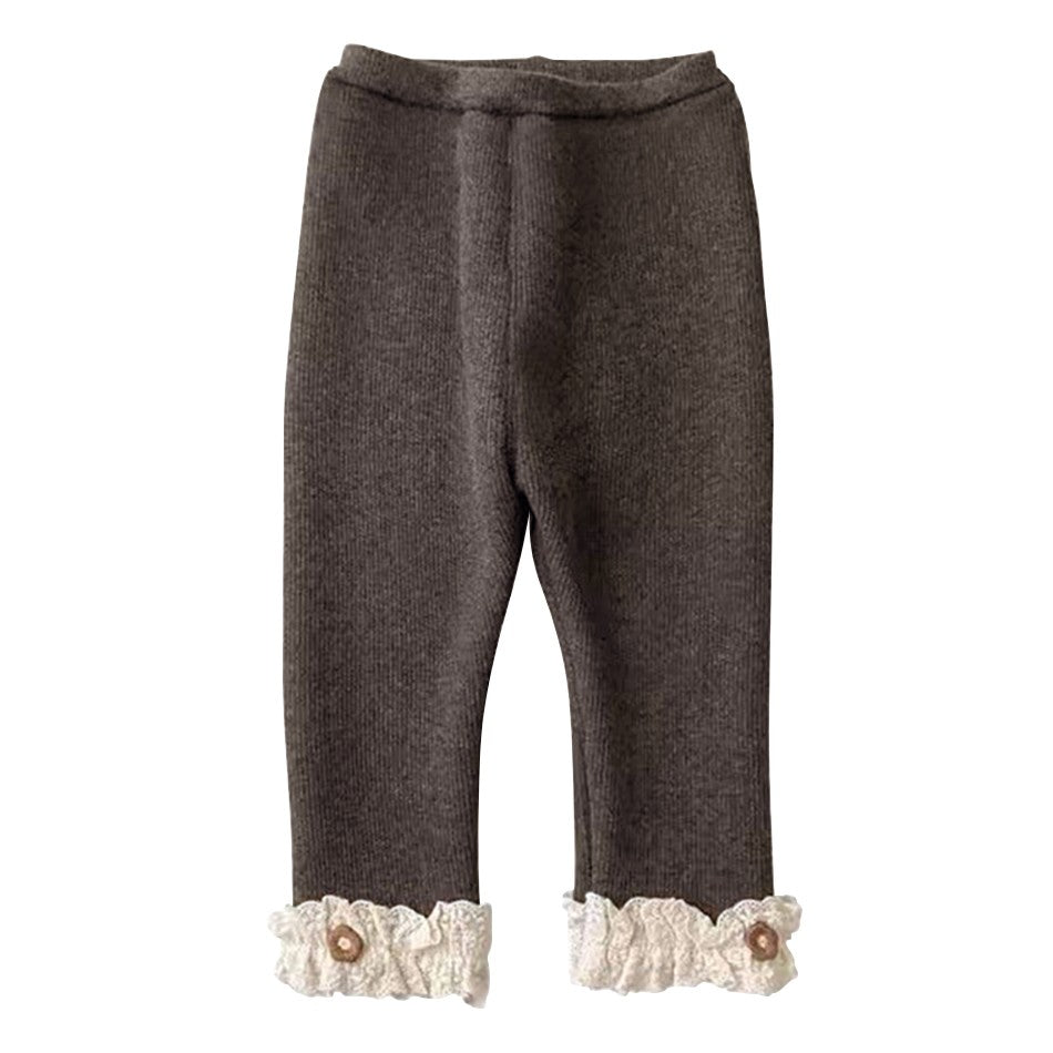 Girls Fleece Lined Leggings Children Fashion Lace Trim Slim Fit Thermal Pants Kids Winter Warm Outwear Casual Clothes