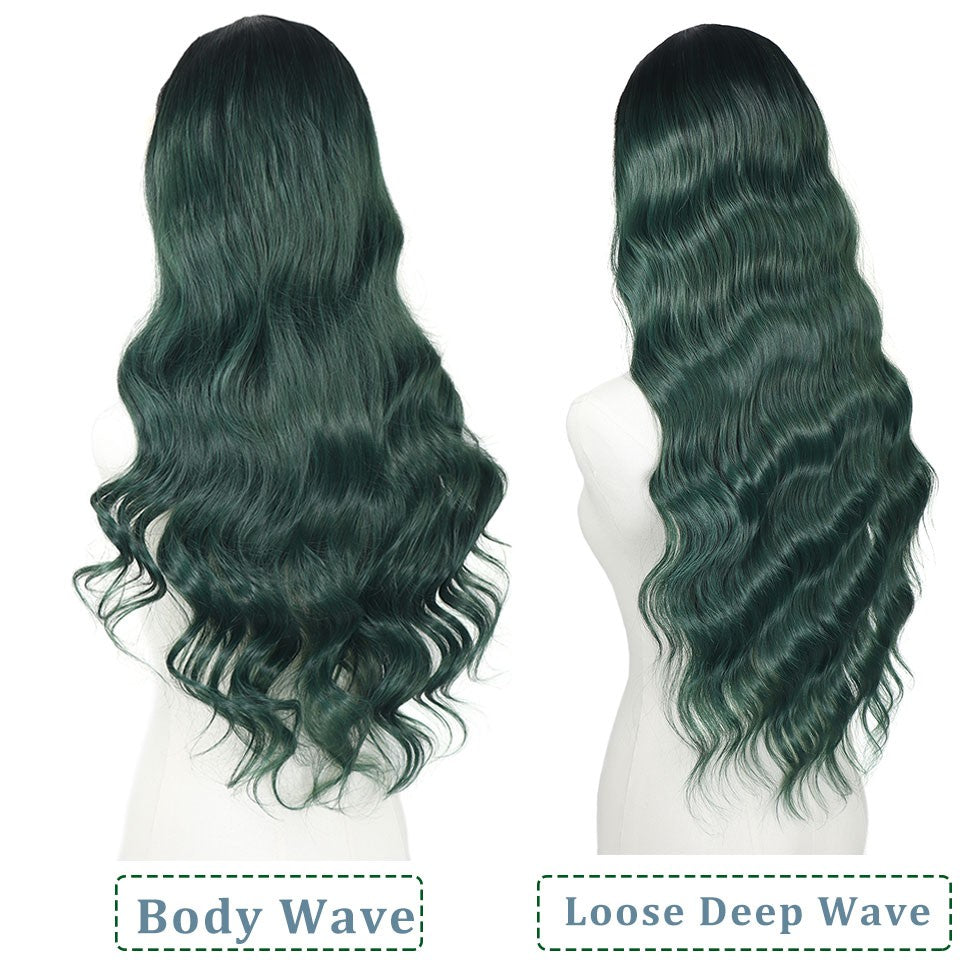 Ombre Dark Green Wavy Synthetic Wigs Dark Roots Cosplay 13x4 Lace Front Green Wig For Women Pre Plucked Natural Hairline