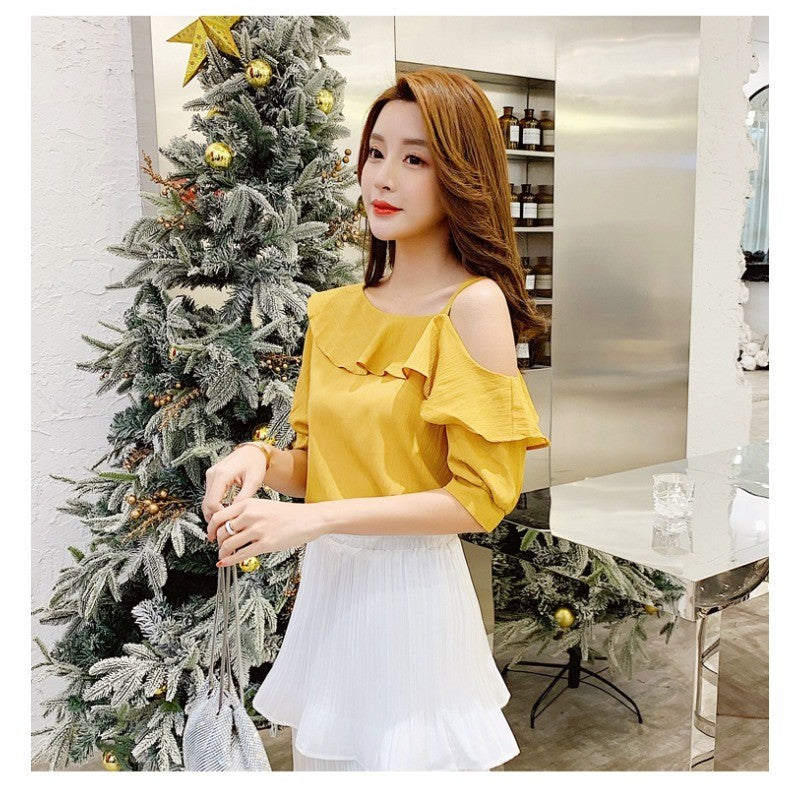 Women's Shirt Tops Fashion One-Shoulder Ruffles Short-sleeved Tops Chiffon Tops S-XXL