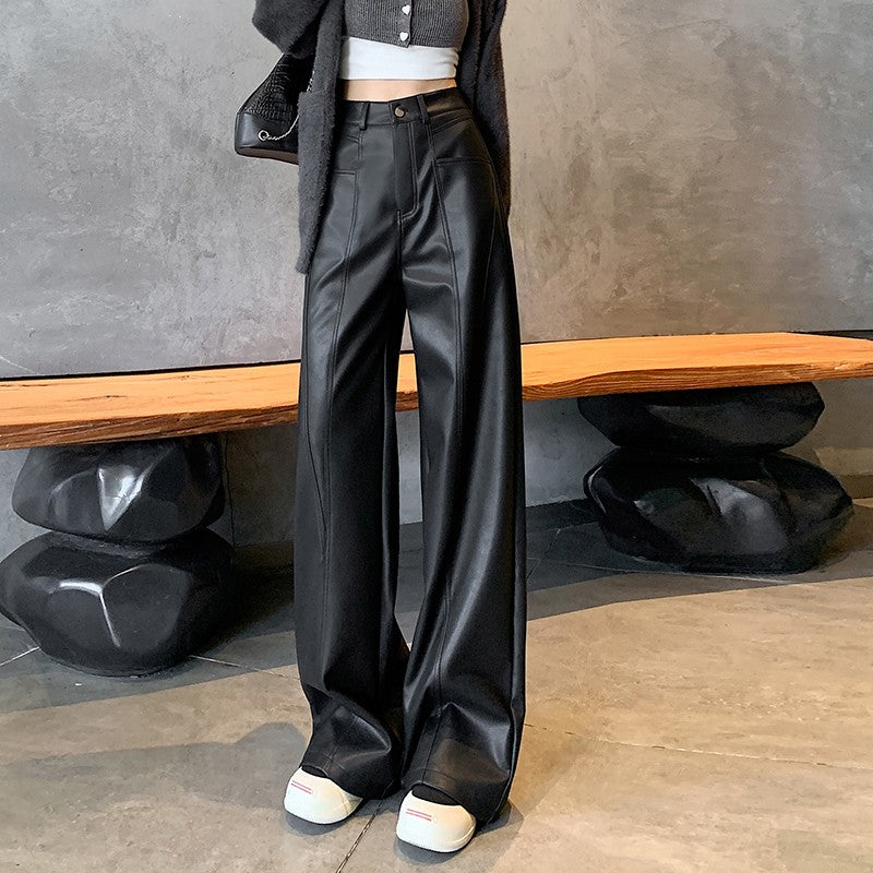2025 New High Waist Vintage Black Women's PU Leather Wide-Leg Pants Loose Straight Retro Casual Floor-Length Pant Autumn Winter