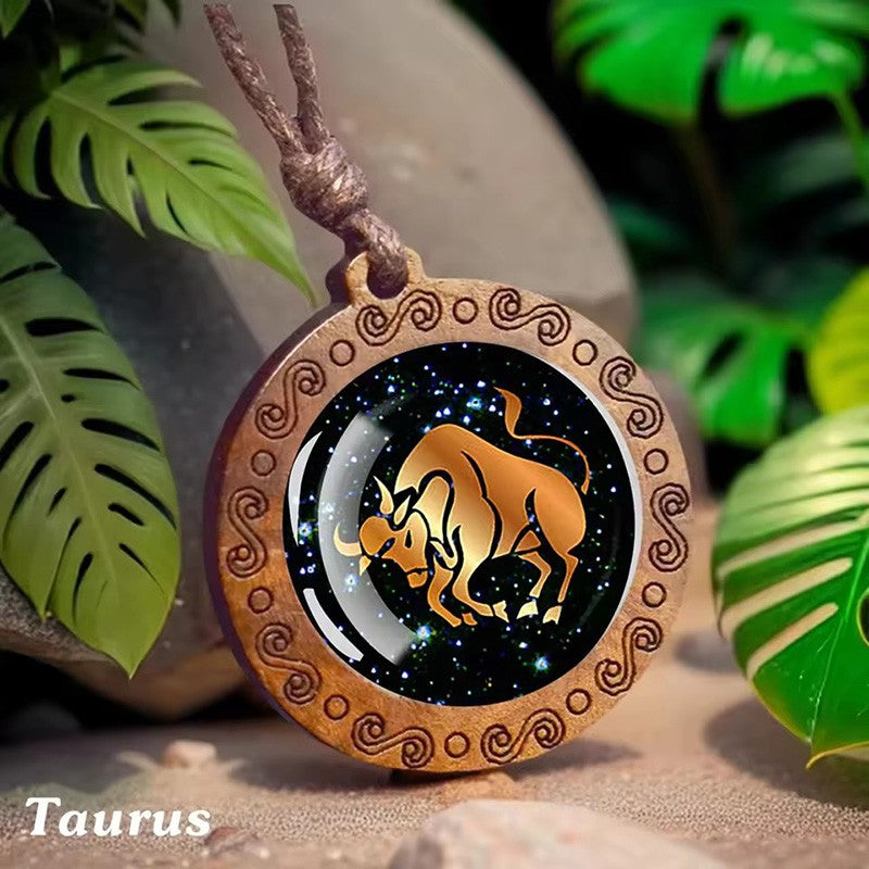 Vintage 12 Zodiac Sign Glass Wooden Necklace Adjustbale Long Rope Chain Necklace Constellation Jewelry