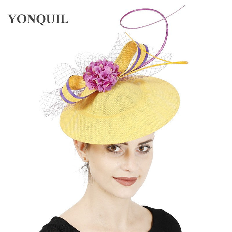 New Design Yellow With Purple Hair Fascinator Hat Headband Bridal Wedding Party Headpiece Mesh Ladies Occasion Hair Accessories