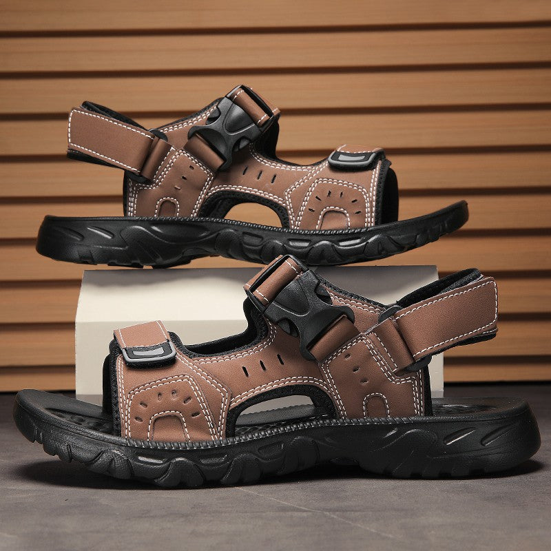 Summer Men Sandals PU Leather Lightweight Open Toe Flat Mens Casual Shoes Outdoor Walking Sandals for Men Beach Shoes Size 39-46