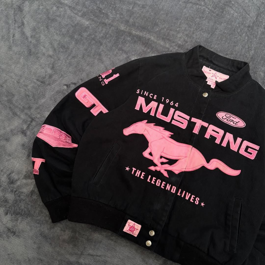 American Popular Simple Pink Horse Pattern Car Jacket for Women's Autumn and Winter Fashion Street Harajuku Y2K Bomber Jacket