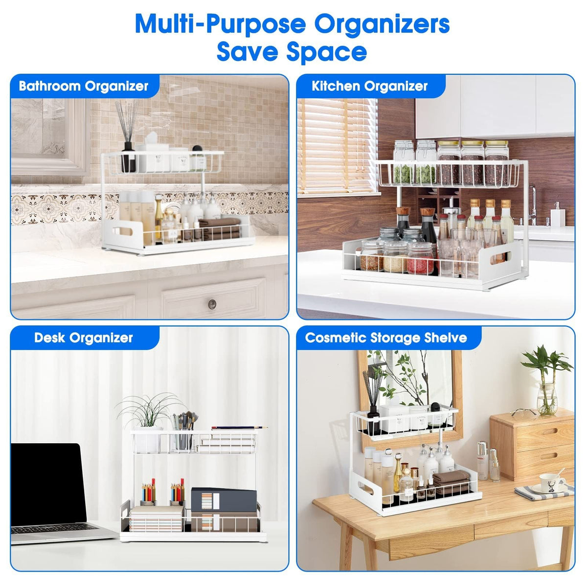 Under Sink 2 Tier Sliding Cabinet Basket Organizer Drawer Pull Out Cabinet Multi-Purpose Sink Organizer for Bathroom Kitchen