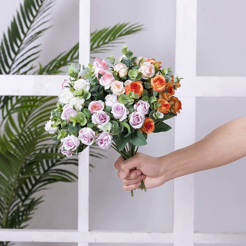 10 Heads pink Artificial Silk Rose Flowers Fake White Eucalyptus Peony Flower Bouquet, for Home Wedding Party Garden Decoration