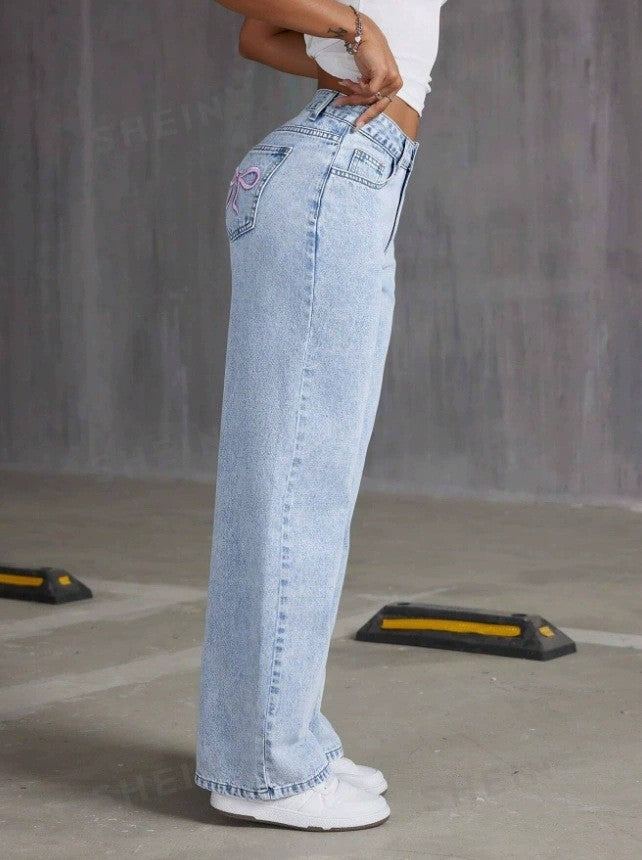 Bow Embroidered Jeans Women's Sweet Spicy Style High Waist Straight Leg Pants Loose Casual Wash High Street Denim Pants
